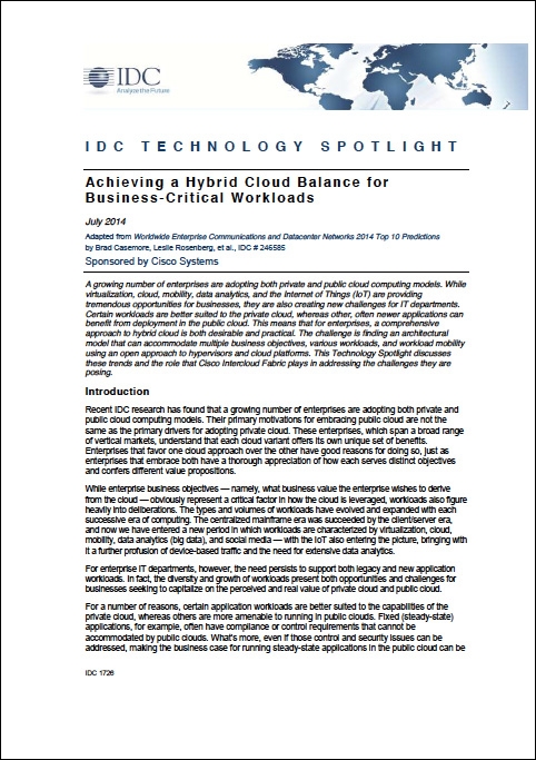 IDC - Cisco Achieving a Hybr id Cloud Balance for Business-Cri tical Workloads